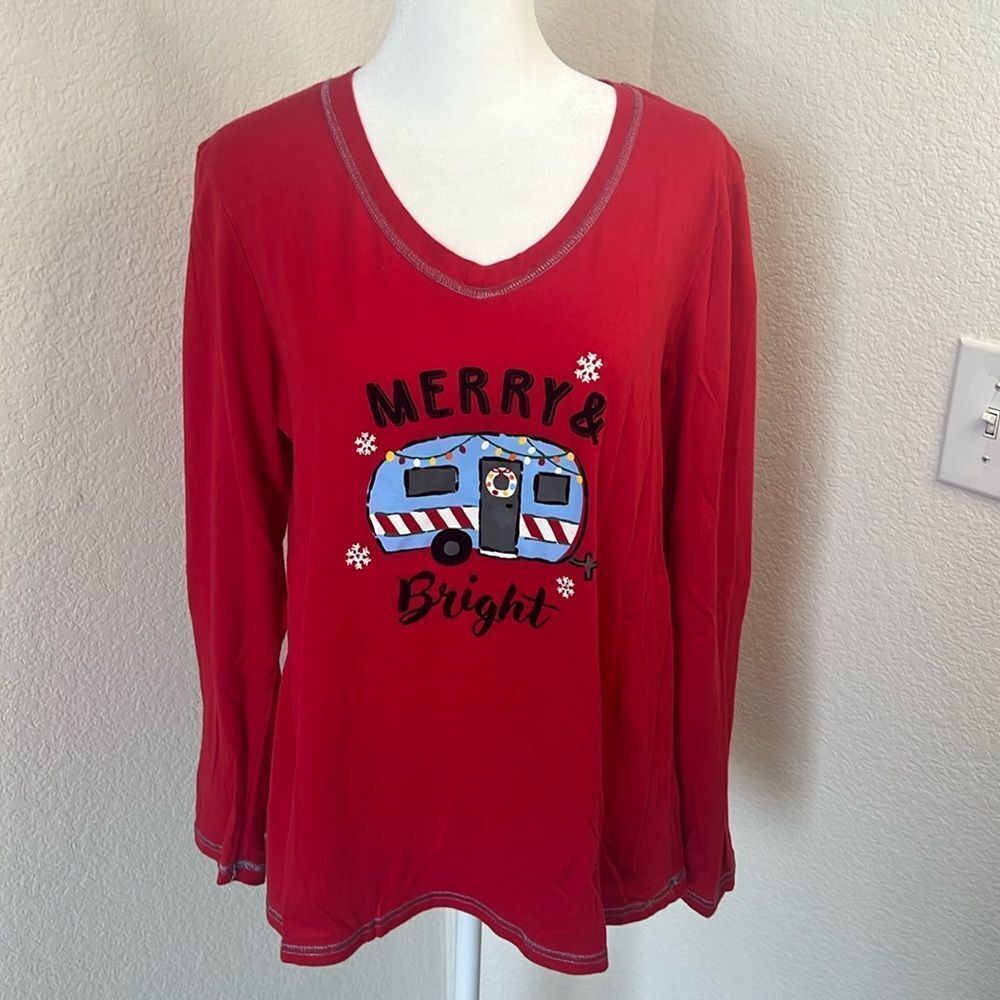 Secret Treasures Merry & Bright Holiday V-Neck Pajama Top ~ Size M (8-10)